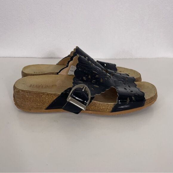 Haflinger Black Patent Leather Perforated Cut Out Sandals - Picture 1 of 8